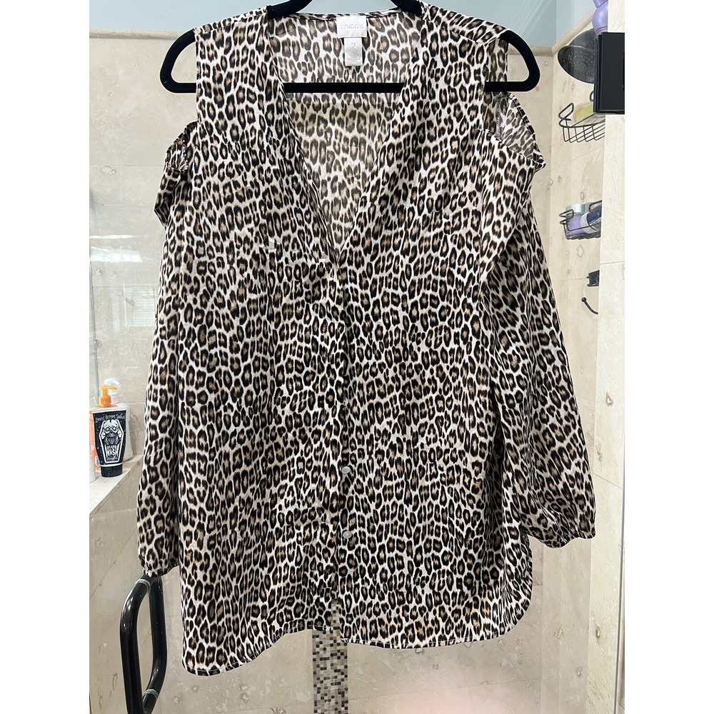 Chico's Women Leopard Print Cold Shoulder Blouse Top Brown Black Size 2 L 12